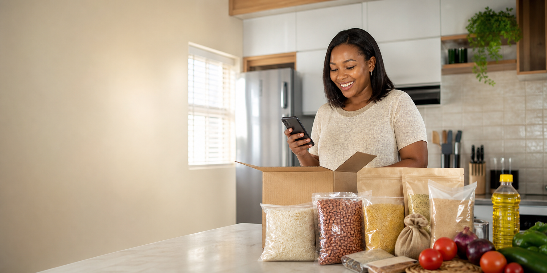 A Nigerian woman unpacking an Afrimillz household foodstuff delivery